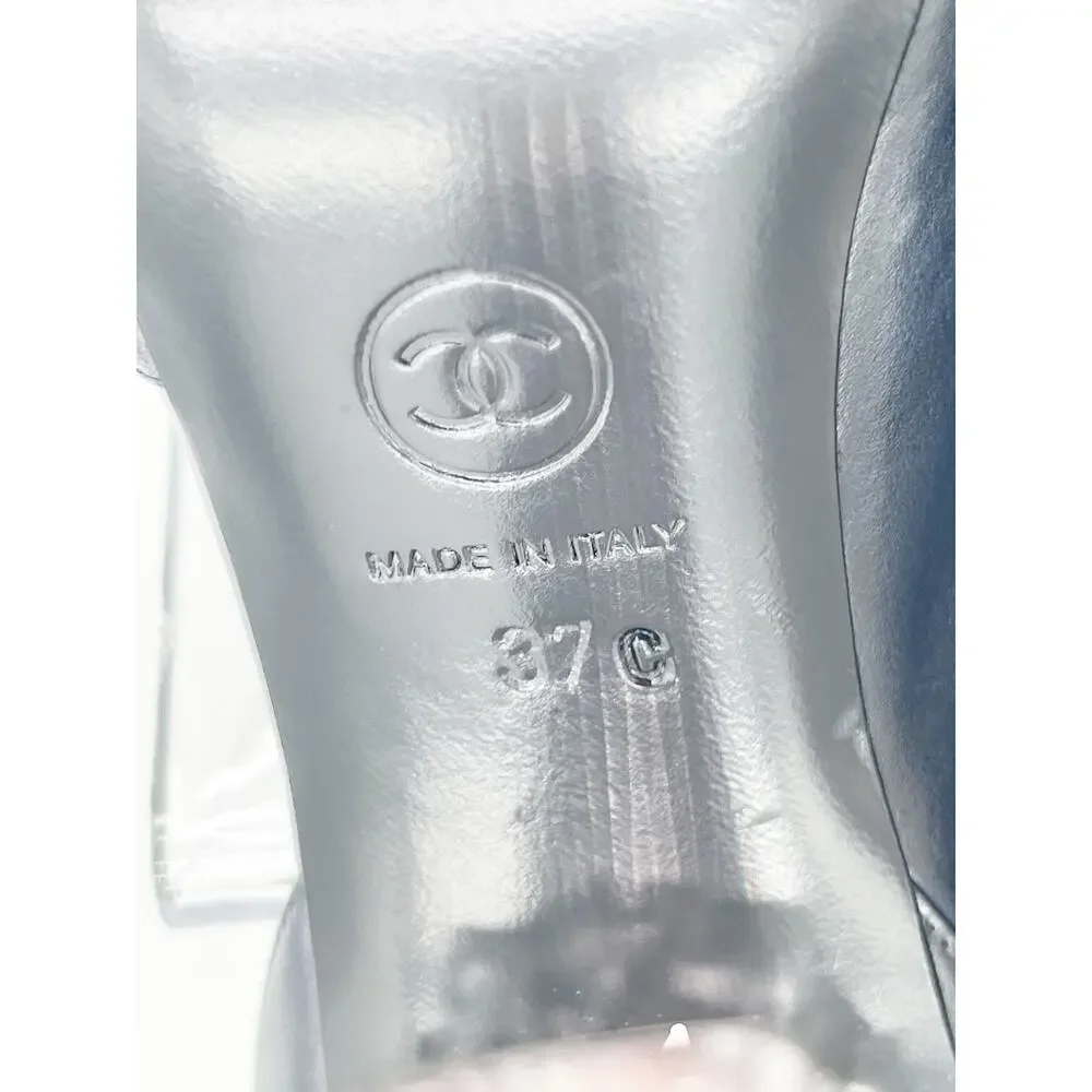 Chanel Fall 2012 Runway Navy Silver Ombre Leather Lucite Ice Crystal Heels EU 37